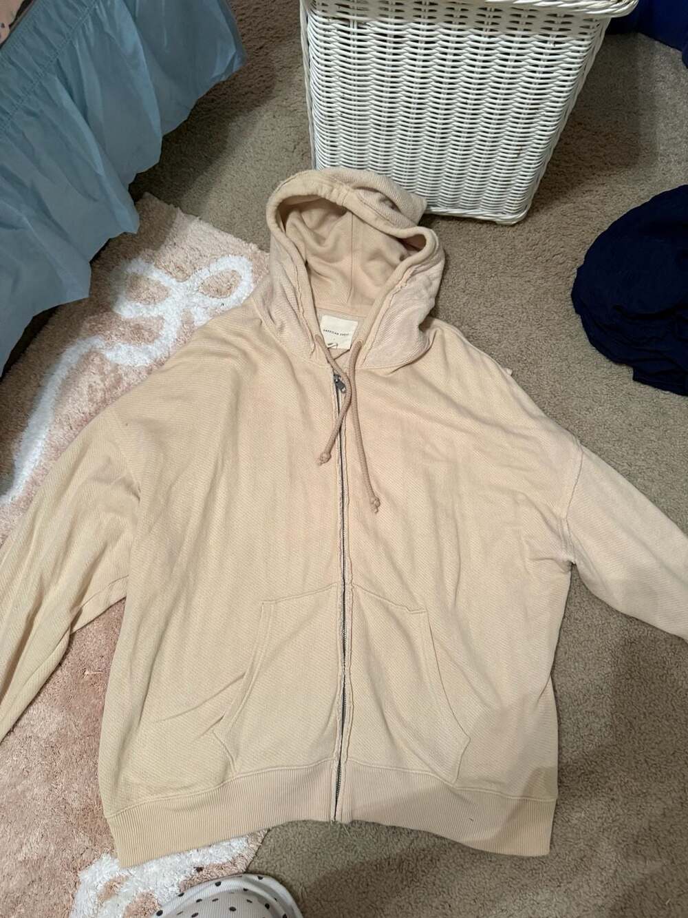 American Eagle Cream Waffle Knit Full Zip Hoodie - Picture 8 of 9